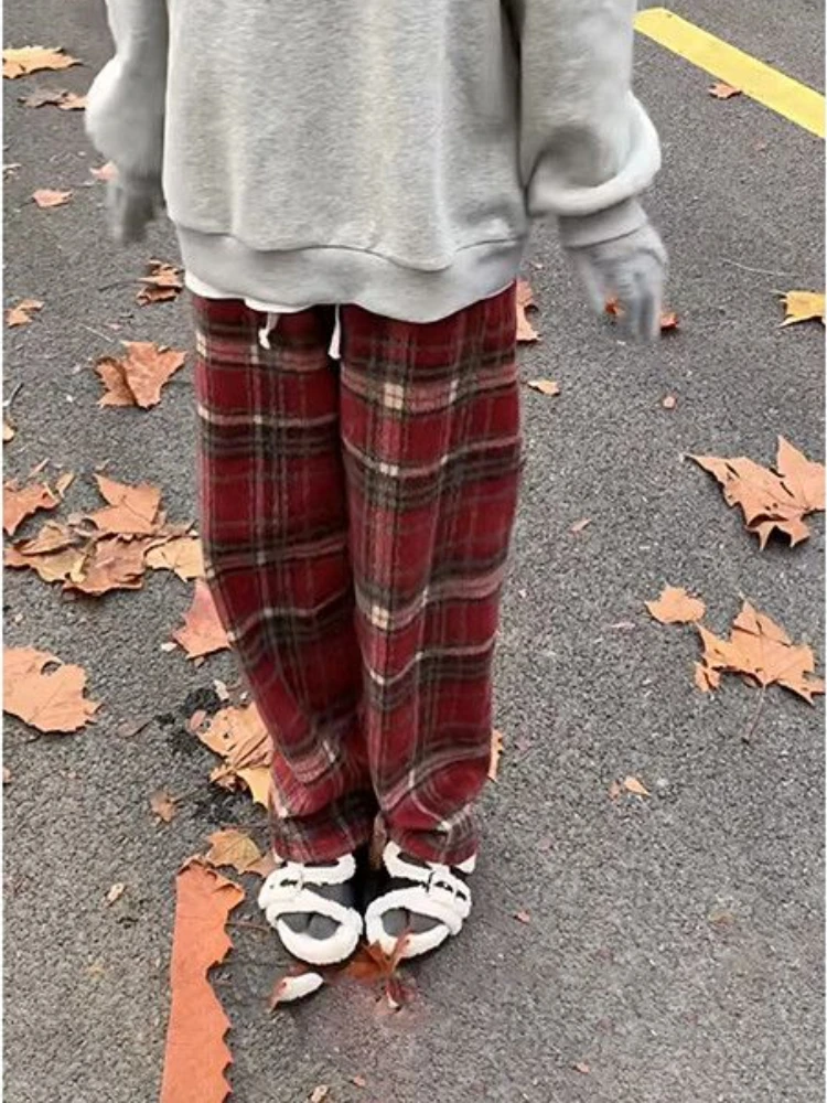 Thicken Wide Leg Pants Women Classic Plaid Loose High Waist Ulzzang Street Vintage BF Warm Cozy Trousers Long Harajuku Y2k Chic