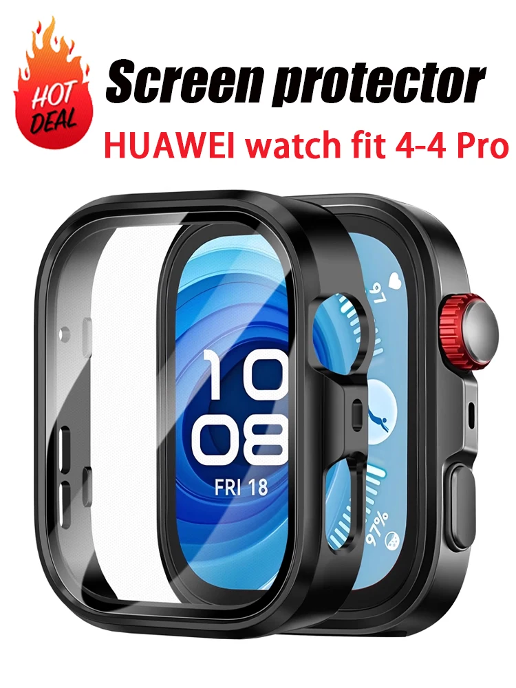 Hülle für Huawei Watch Fit 4/4 Pro, Rundum-PC-Stoßstange, Displayschutzfolie aus gehärtetem Glas, Huawei Fit 4-Band-Zubehör