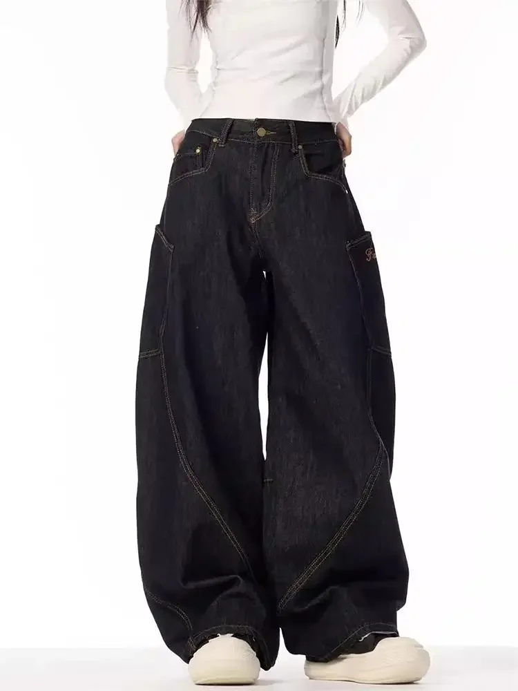 

Vintage Grunge Y2K Women Jeans High Street Black Baggy Denim Trousers Wide Punk Casual Straight Oversized Denim Pants