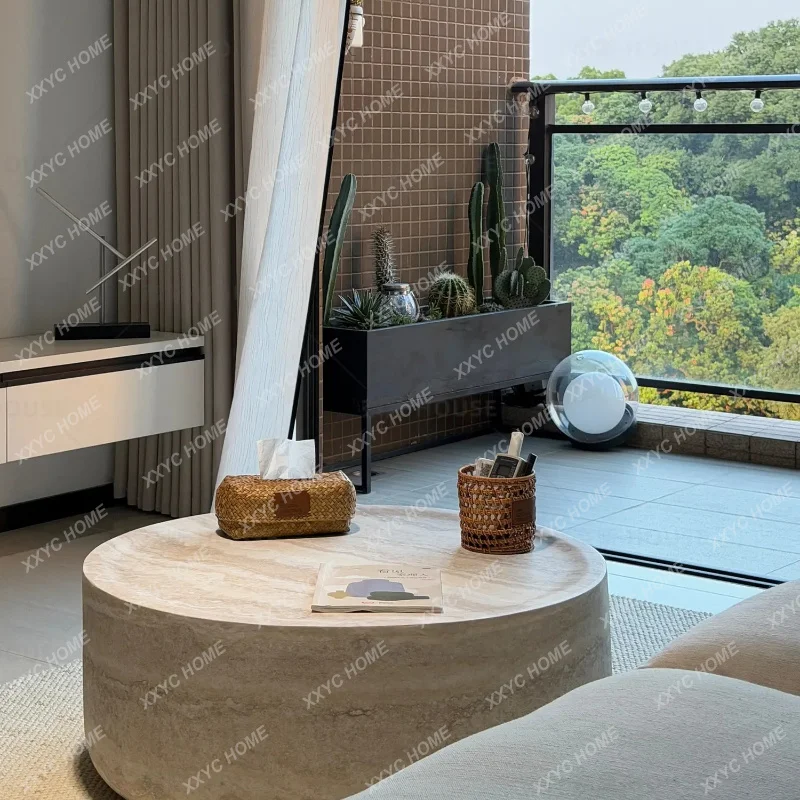 XXCream Style Travertine Round Coffee Table for Small Living Room Wabi Sabi Glass Steel Tea Table