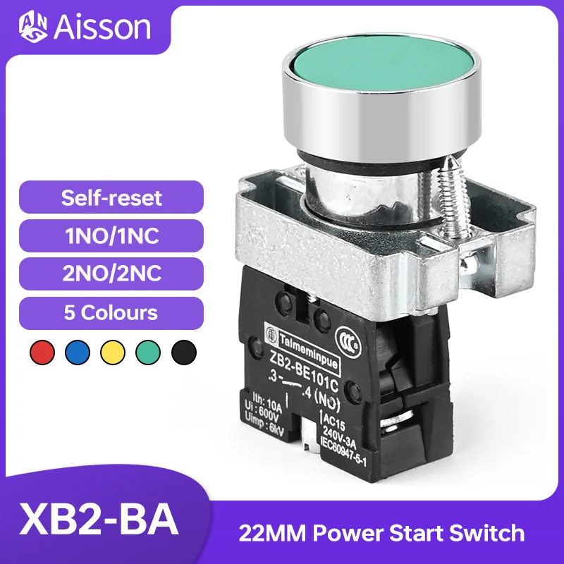 22mm XB2-BA Push Button Switch Momentary 10A 240V~3A Circular Small Size Flat Round Panel NC/NO