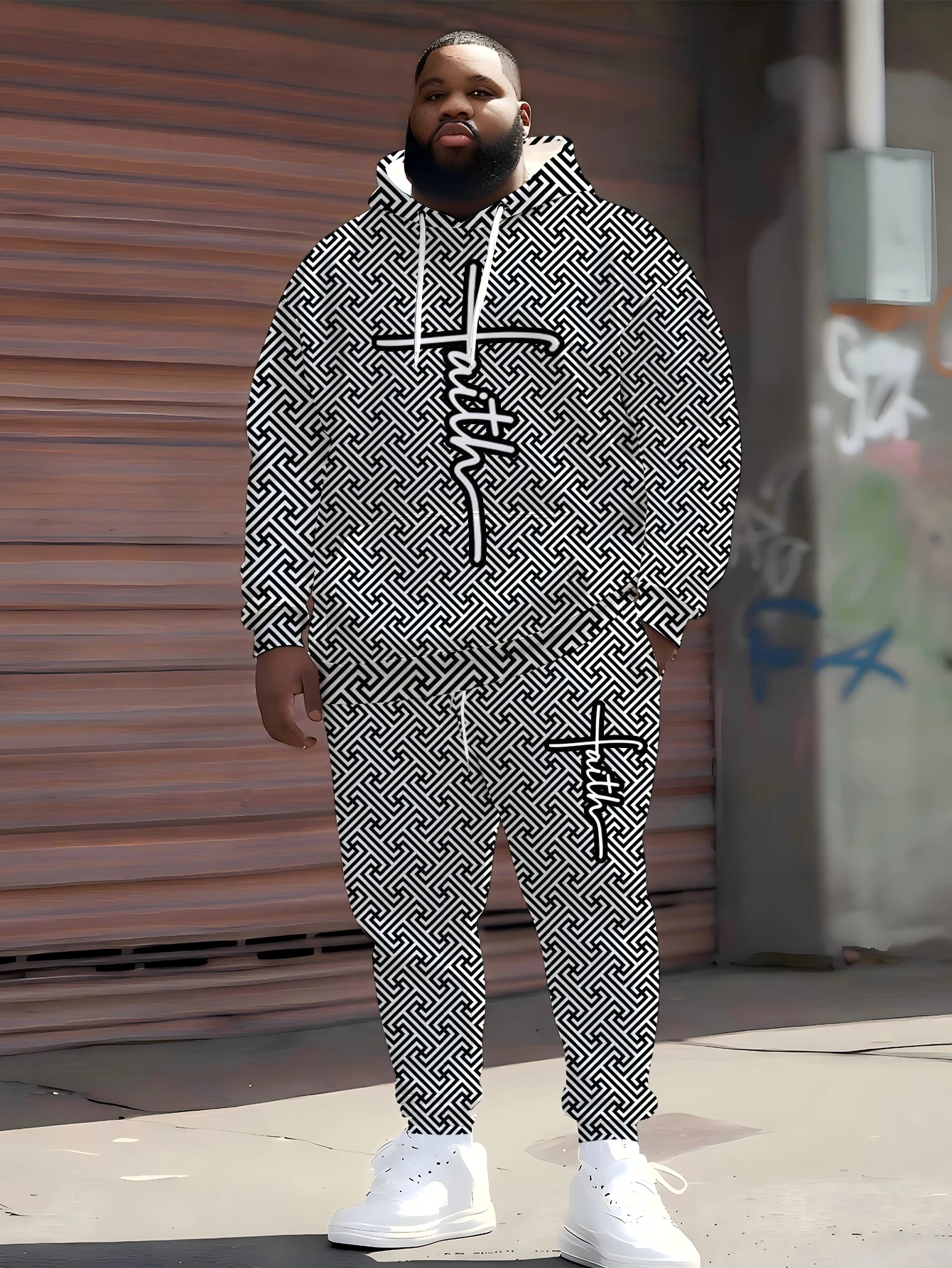 

2025 Trendy Oversized Hoodie & Joggers - Geometric Maze & Belief Symbols, Street Style