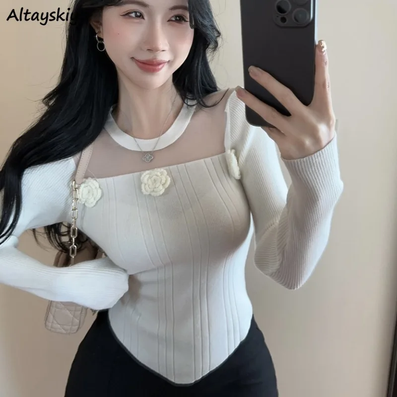 

Basic Pullovers Women Sweet 3D Flowers Girls Slim Mesh Patchwork Knitted Свитер Женский Autumn Minimalist Pure Fashion Tender