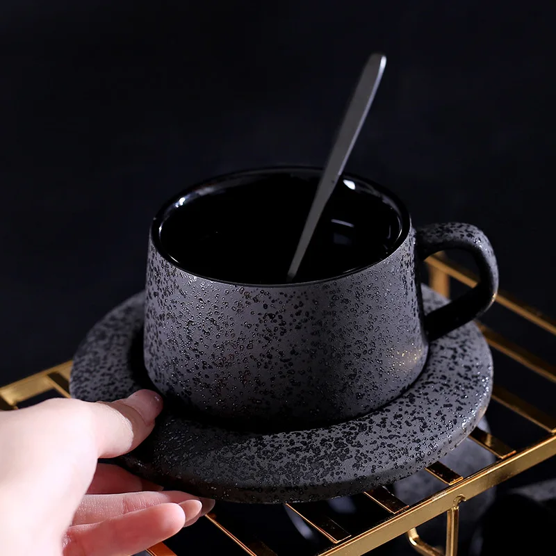 Vintage High-end Black Matte Black Ceramic Coffee Cup and Sauce Set Oatmeal Breakfast Water Coffee Milk Tea Cup