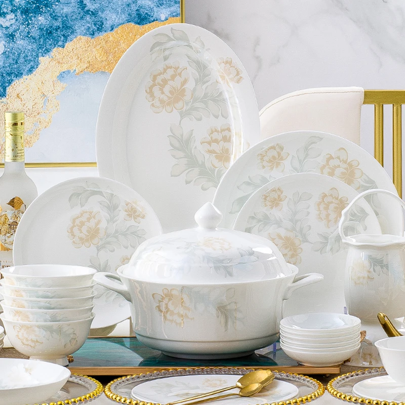 Nordic minimalist and luxurious depiction of Jinbian Jingdezhen ceramic tableware set, bowl and plate set, household combination