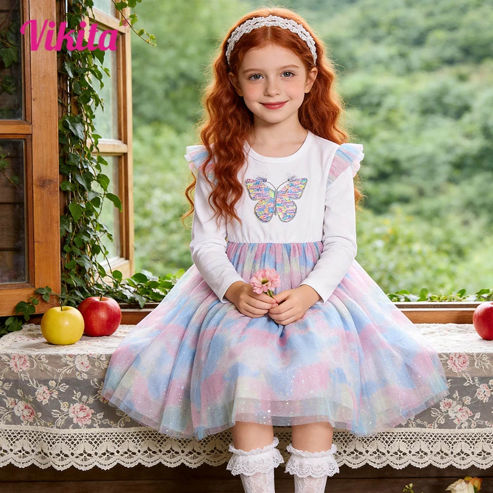 VIKITA Girls Long Sleeve Autumn Spring Dresses Kids Colorful Butterfly Sequined Appliqued Glittery Gradient Princess Mesh Frocks