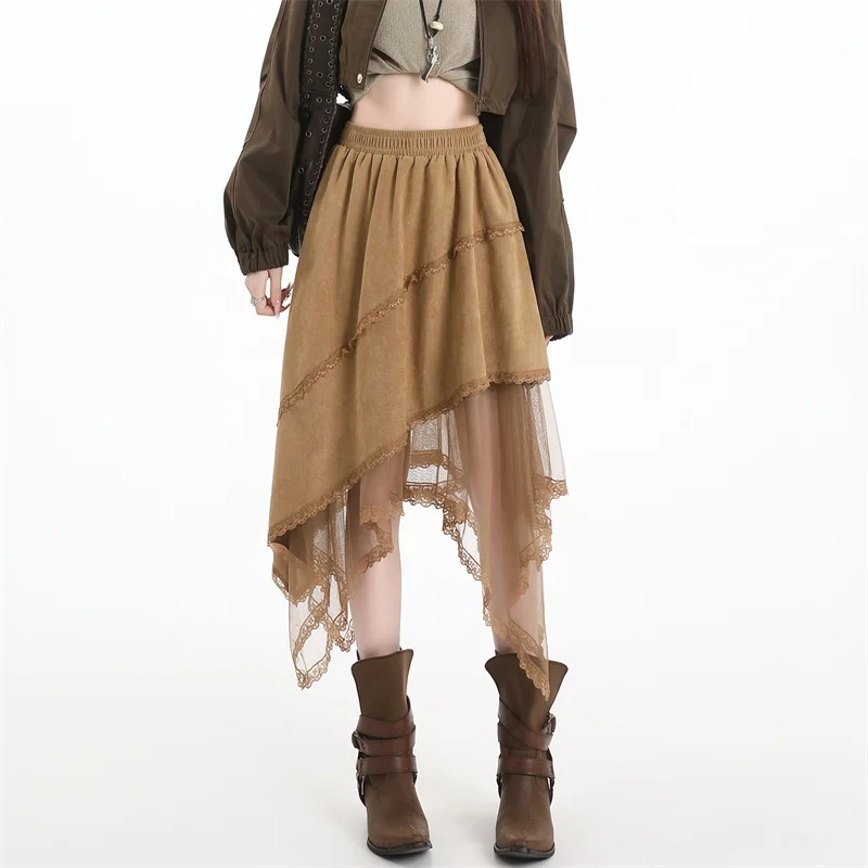Women Autumn Irregular A‑Line Midi Skirt Lace Mesh Splicing Design Elastic Waist Flowy Asymmetrical Hem Long Skirt