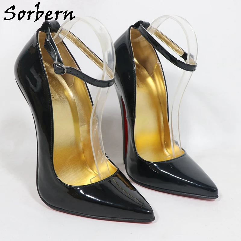 Sorbern أسود لامع مثير النساء حذاء بكعب مع حزام الكاحل وأشار أصابع الذهب بطانة الخناجر 16 سنتيمتر عالية الكعب لون مخصص