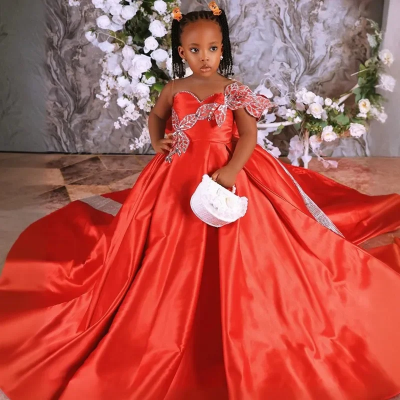 

Red Satin Flower Girl Dresses For Wedding Princess Beaded Floral Long Baby Kids Girls Birthday Party Gowns Customized
