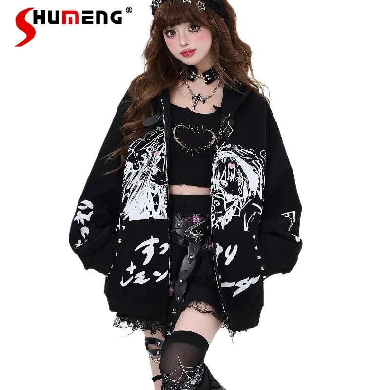 

Subculture Dark Cartoon Japanese Soft Girl Leather Buckle Loose Design Sense Hooded Jacket Early Autumn New 2024 Y2k Sweatshirts