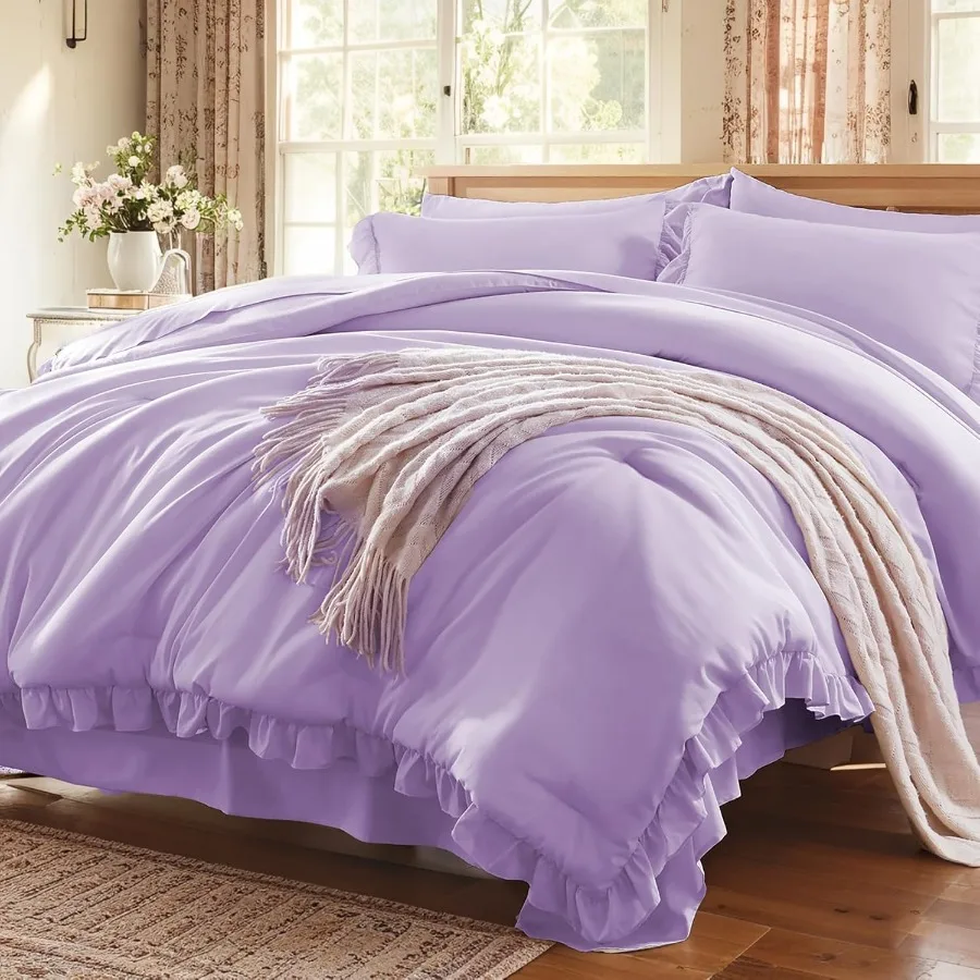 

7 Piece Lavender Bed in a Bag All Season Ruffle Shabby Chic Bedding Set with Sheets Comforter Pillow Shams Pillowcases Flat She