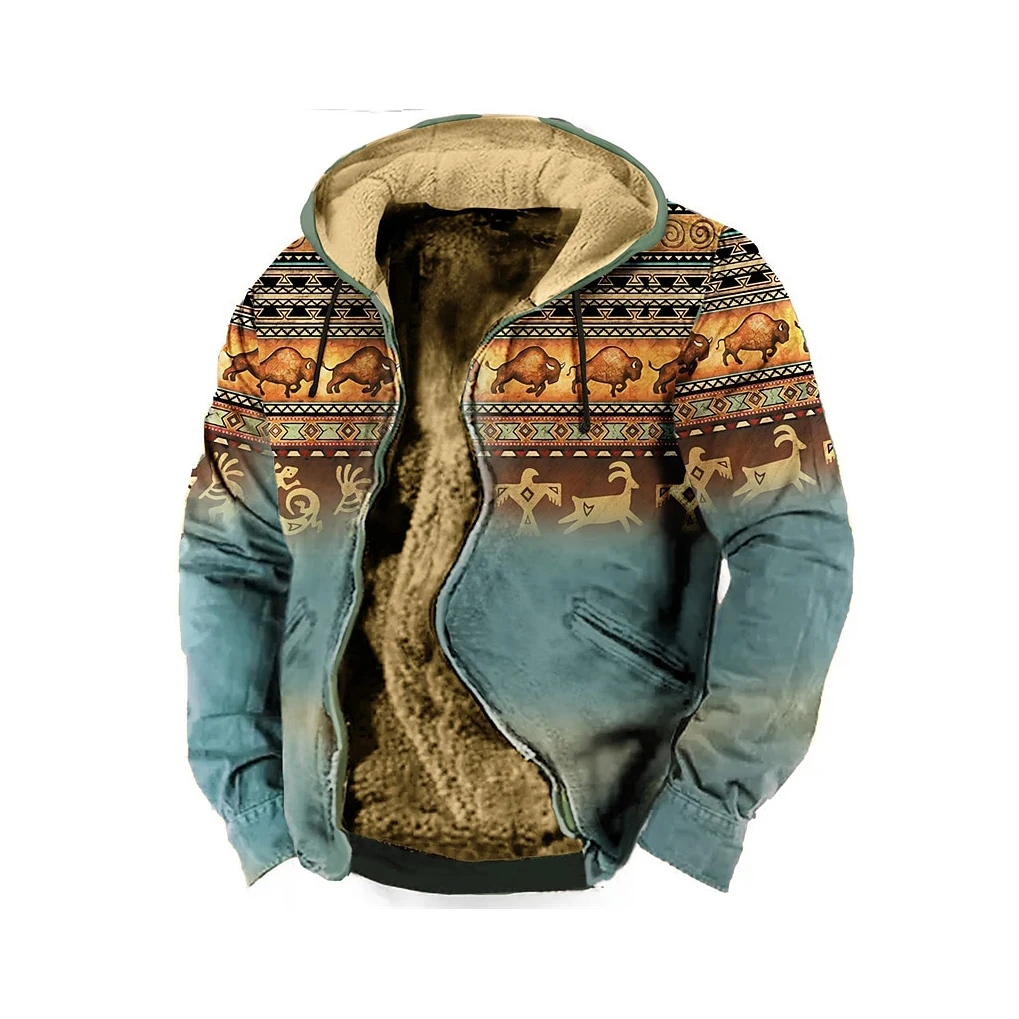 2023 Winter Men\'s Zip Up Hoodies Jackets Fleece Clothing Tribal Graphics Print Streetwear Outerwear Hooded Zip-up Tracksuit Coat