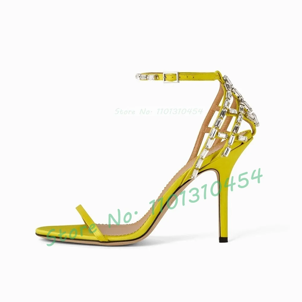 Yellow Cage Satin Sandals Women Luxury Crystal Cross Strap Cover Heel Stiletto Sandals Summer Elegant Ladies Outfit Party Shoes