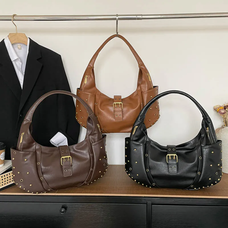 

PU Large Capacity Shoulder Bag Women 2026 New Rivet Design Versatile Casual Crossbody Bags Vintage Commute Tote Handbags