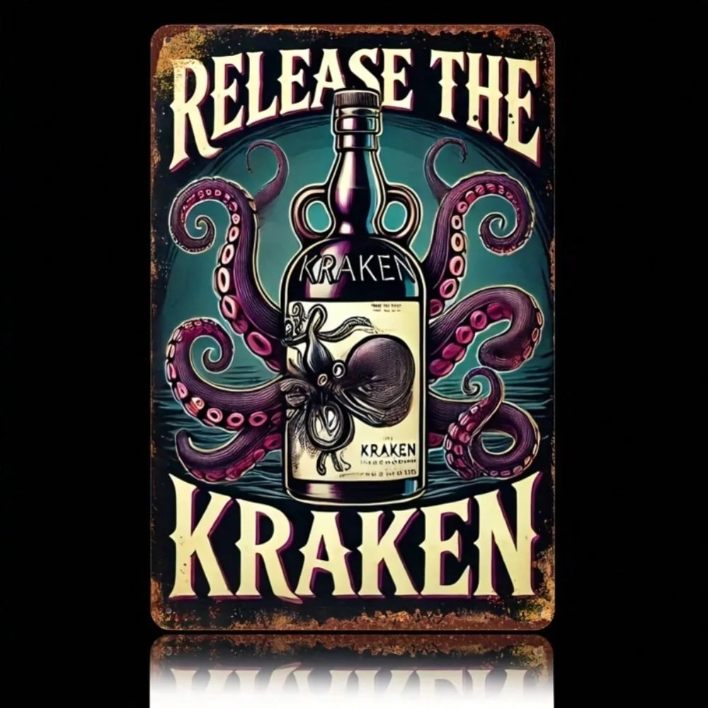 Letrero de metal - Arte vintage de la botella de ron Octopus Release The Kraken, placa metálica duradera para decoración de pared, arte de pared para el hogar, pub, bar, o la cueva del hombre.