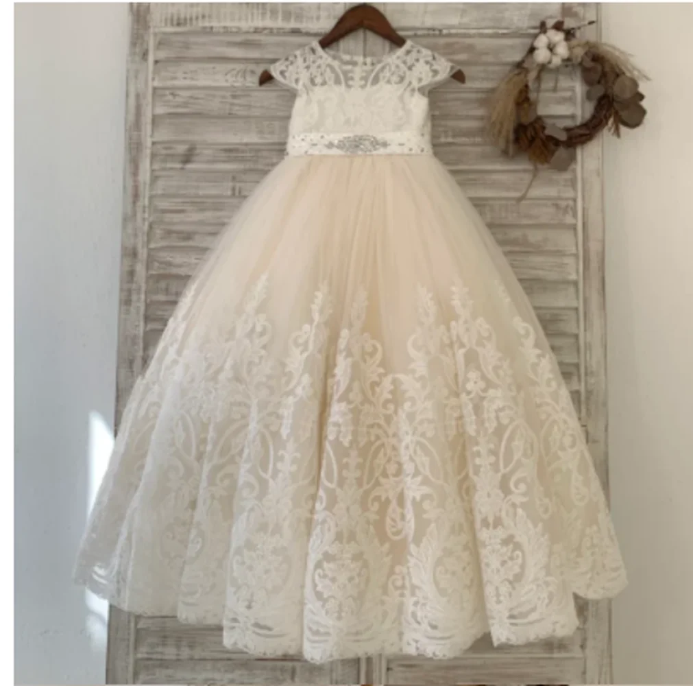 

Glitter Satin White Flower Girl Dresses Long Sleeve A Line Pageant Prom Gown Child Birthday Wedding Holy Communion Dresses