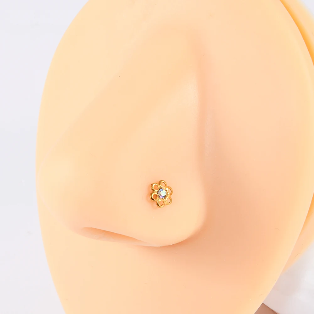 1PC Surgical Steel 18K Gold Plated Twisted Nose Nail Crystal Irregular Nose Bone Screw Ring Nostril Body Piercing Jewelry 20G view 6