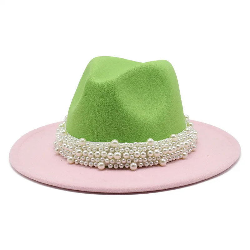 2022 New Two-tone Woolen Hat Women's Pearl Ribbon Accessories Double-sided Color Matching Fedora Hat Wedding Felt Cap