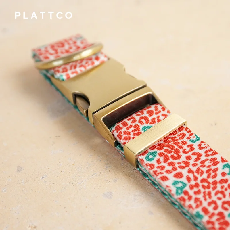 PLATTCO unique design dog collar print RED LEOPARD with high-quality bronze buckle 5 size PDC322Br