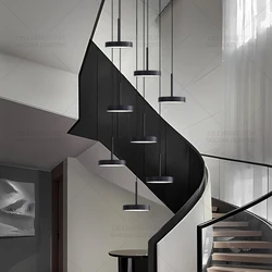 Nordic Staircase Pendant Lights Duplex Building Lighting High Ceiling Hanging Lamps Villa Stair Chandelier LED Disc-shaped Lamp
