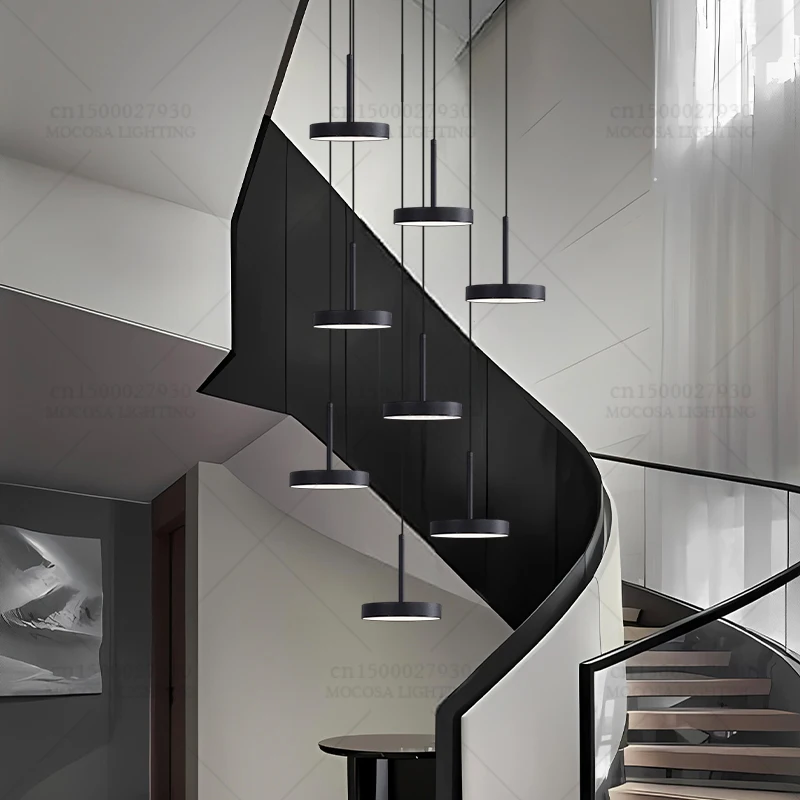 Nordic Staircase Pendant Lights Duplex Building Lighting High Ceiling Hanging Lamps Villa Stair Chandelier LED Disc-shaped Lamp