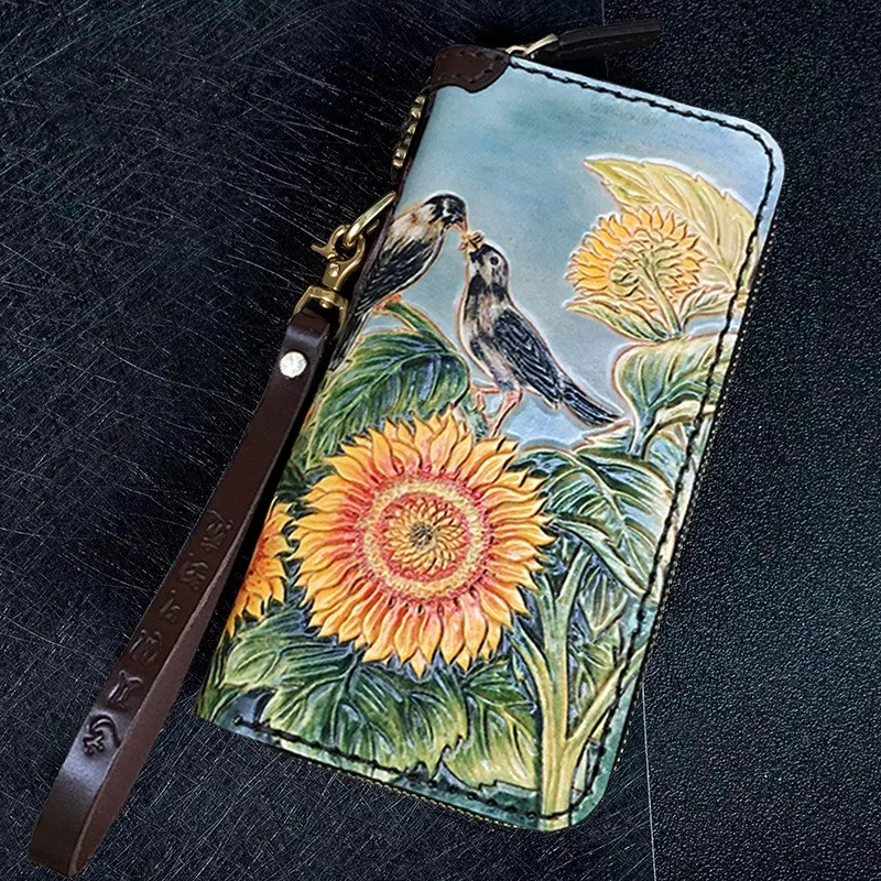 

Vegetable Tanned Leather Hard Wallets Carving Sunflower Purses Men Long Clutch Zipper Bag Card Holder New Year Gift