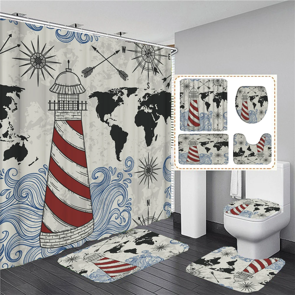

Retro lighthouse Navigation Pattern Shower Curtain Waterproof Polyester Bathroom Curtains Bath Mat Floor Rugs Toilet Lid Cover