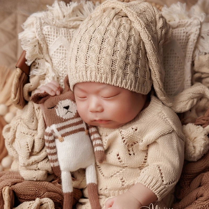 Puntelli per fotografia neonato Vestiti lavorati a maglia per bambini Tappetino rotondo Coperta con nappe nordiche Set di cestini in rattan per servizio fotografico in studio