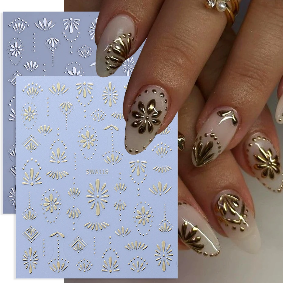 3 Stück Nagelaufkleber im böhmischen Stil, Gold, Silber, Blau, Blütenblätter, Linie, selbstklebend, Boho-Nagelaufkleber, DIY-Maniküre-Schieber, Dekor