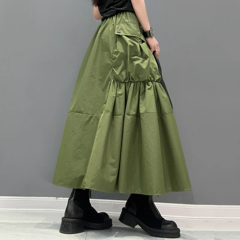 الصلبة الأخضر الأسود مرونة الخصر ألف خط فضفاضة تناسب امرأة تنورة طويلة جيوب كبيرة الكورية نمط لباس غير رسمي مطوي تنورة JJSK044 #3