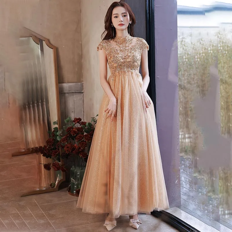 

Evening Dress High Neck Short Sleeves Appliques Luxurious A-Line Sequins Tulle Ankle-Length New Woman Formal Party Gown A2407