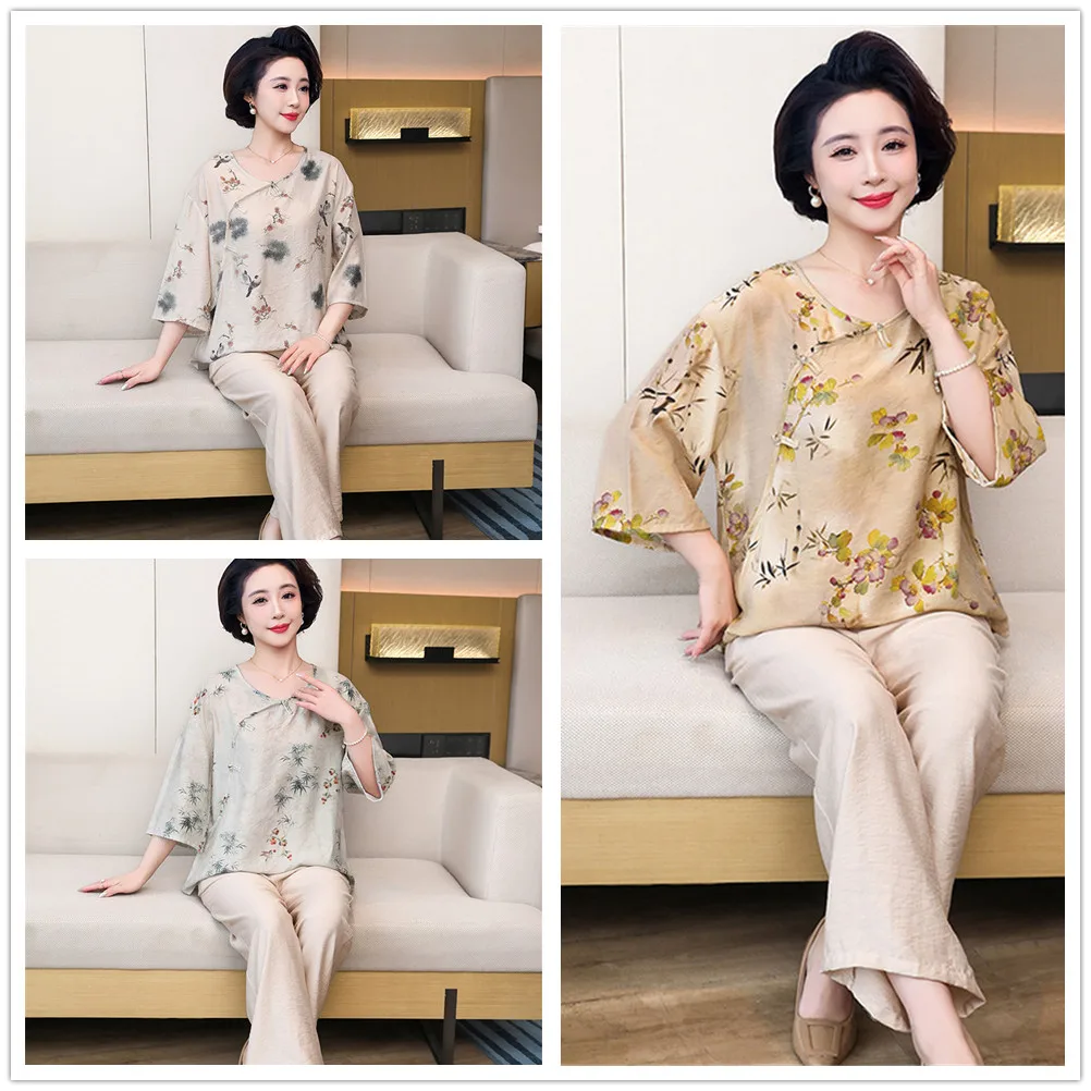 

Women's Cotton Viscose Sleepwear Clothes Elegant Thin Chinese Style Long Sleeved Pants Set Home Clothes