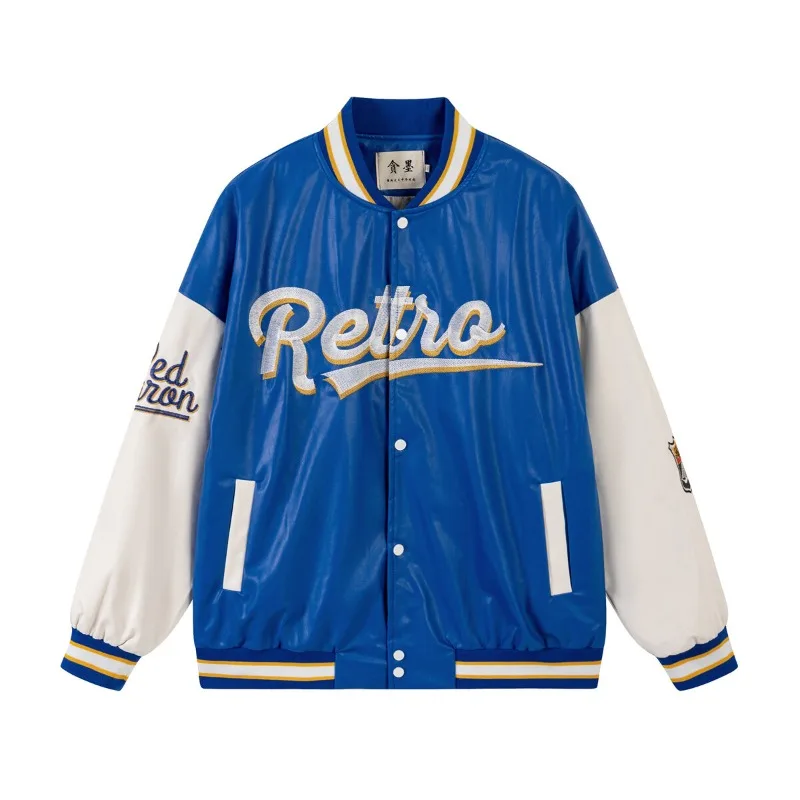 Vintage Trend PU Leather Varsity Bomber Jacket Hip Hop Streetear Baseball Jacket for Man 2025 New Retro Loose Fit Outerwear