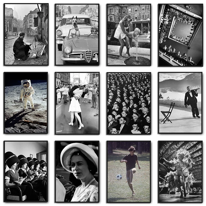 Póster de fotografía clásico en blanco y negro, pintura en lienzo, astronauta Vintage, Reina Isabel II, beso, imagen de pared, decoración del hogar