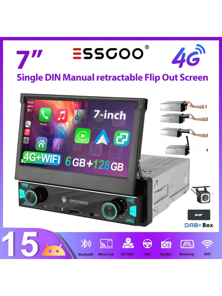 ESSGOO Autoradio Android15 7" 6+128 GB 1 DIN Manuell Retraktil Ausklappbarer Touchscreen 4G LTE Wireless CarPlay Android Auto RDS Equalizer GPS Navigation WiFi Bluetooth FM AM Mirror Link