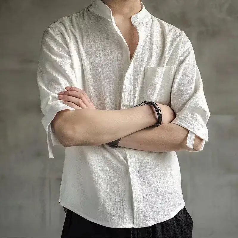 Japanese Retro Solid Color Linen Simple Shirt Men's Versatile Loose Casual American Spring New Style