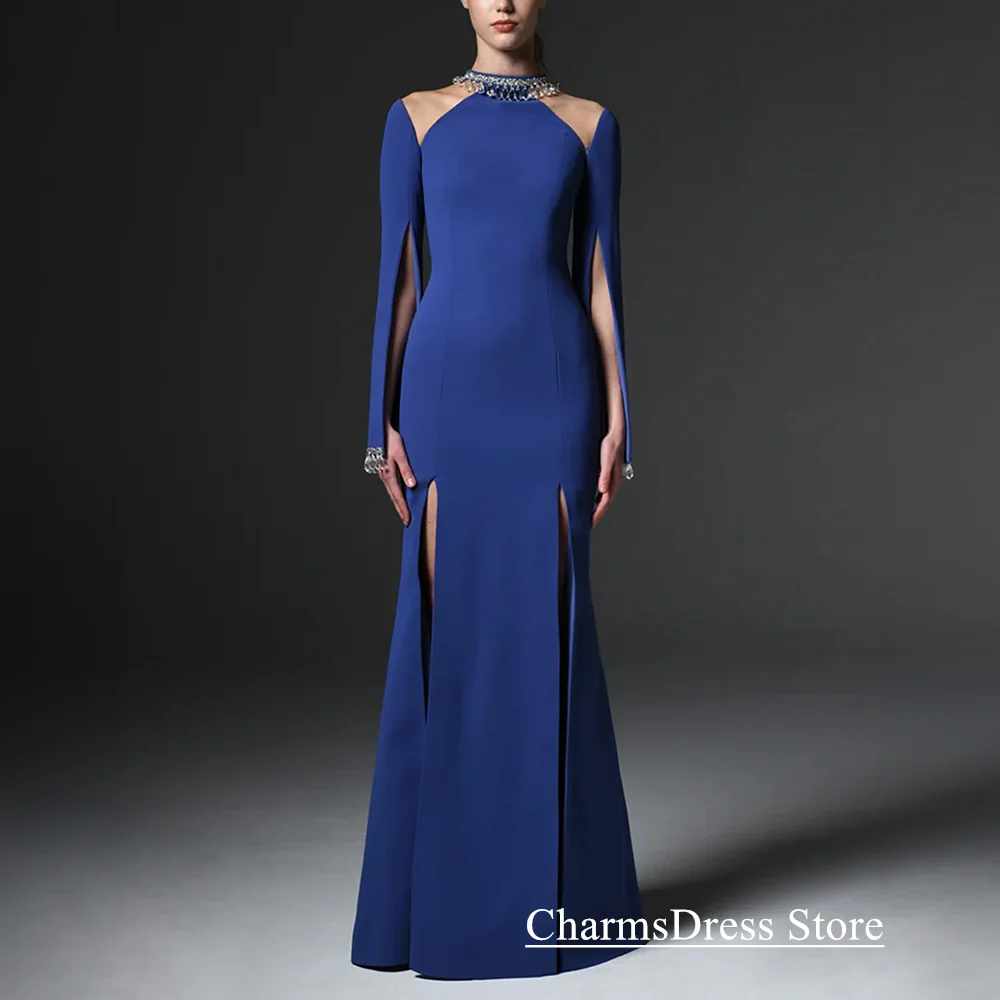 

Blue Evening Dress Customized Long Sleeves High Neck Crystal Split Mermaid Party Gown Saudi Arabic Formal Prom Dresses