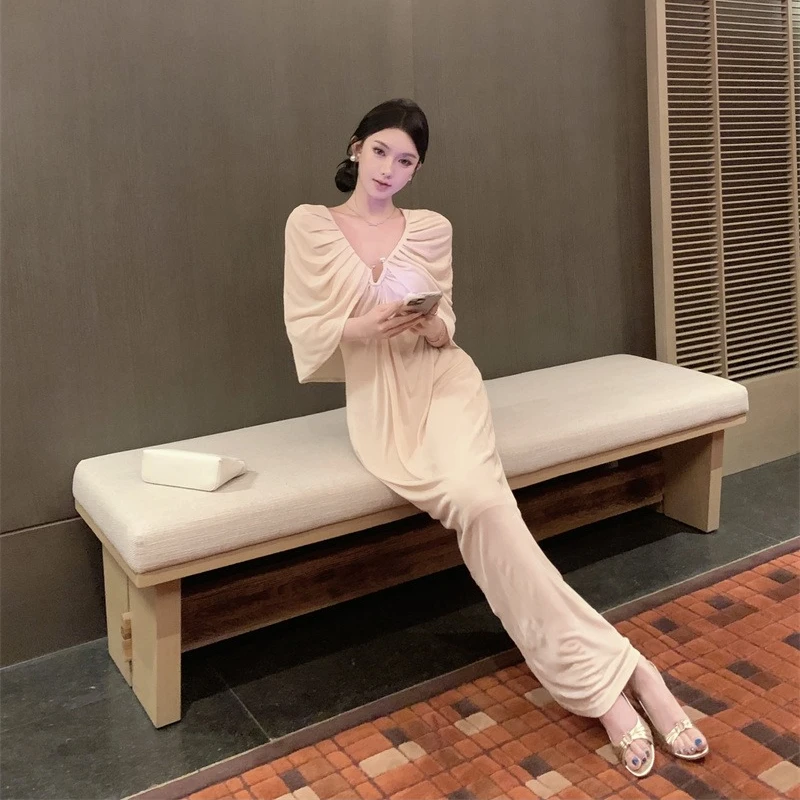 Autumn French Elegant Fashion Long Evening Gown Women's V-neck Shawl Cloak Sleeve Dating Dress High-street Casual Party Dress