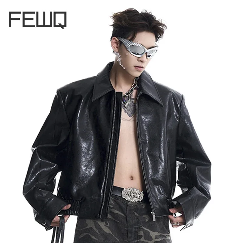 FEWQ 2024 New Men's PU Leather Jacket Shoulder Padded Trendy Silhouette Motorcycle Short Coat Personality Zipper Tops 24E2412