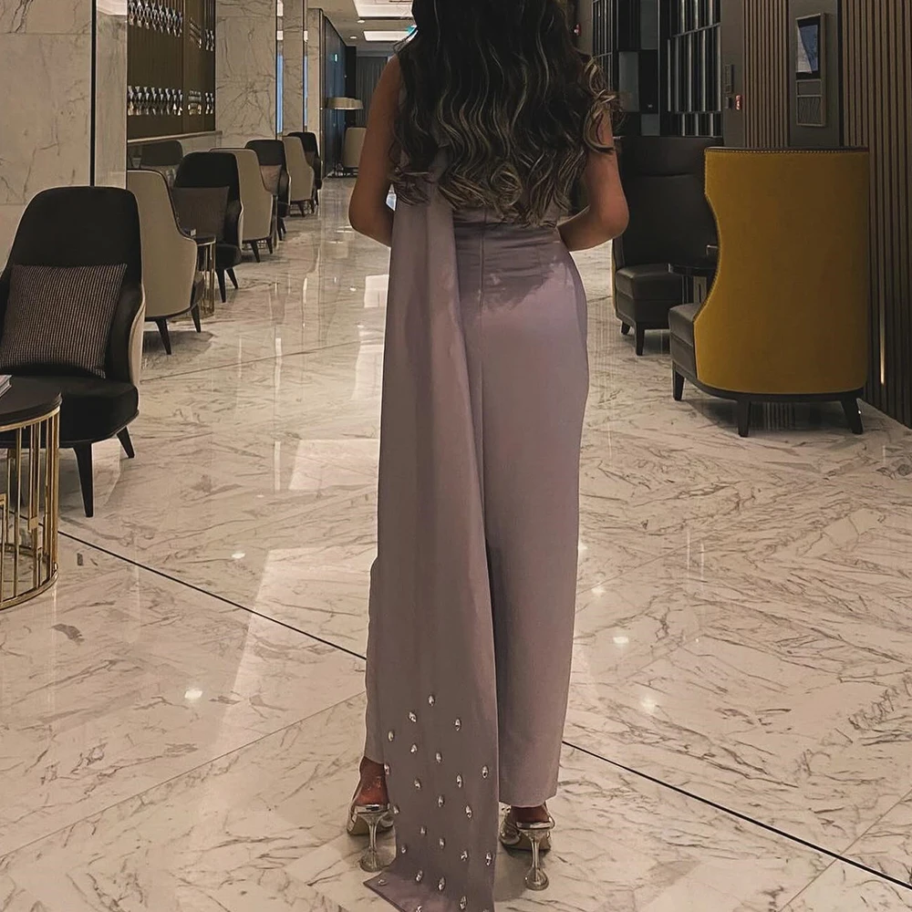 Customized Temperament Crystal Satin Purple One Shoulder Evening Dress High Quality Straight Sleeveless Bespoke Occasion Gowns