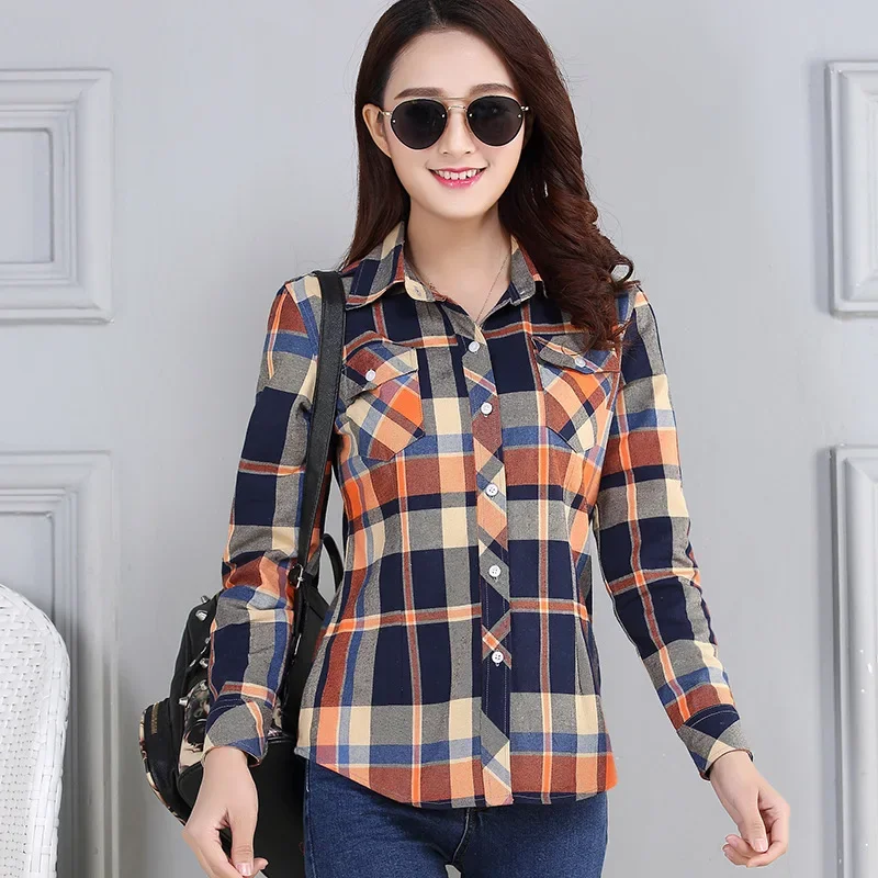 Women's Plaid Shirts Autumn New Ladies Casual Long Sleeve Pocket Cotton Shirt Fine Elegant Lady Checked Tops Clothes