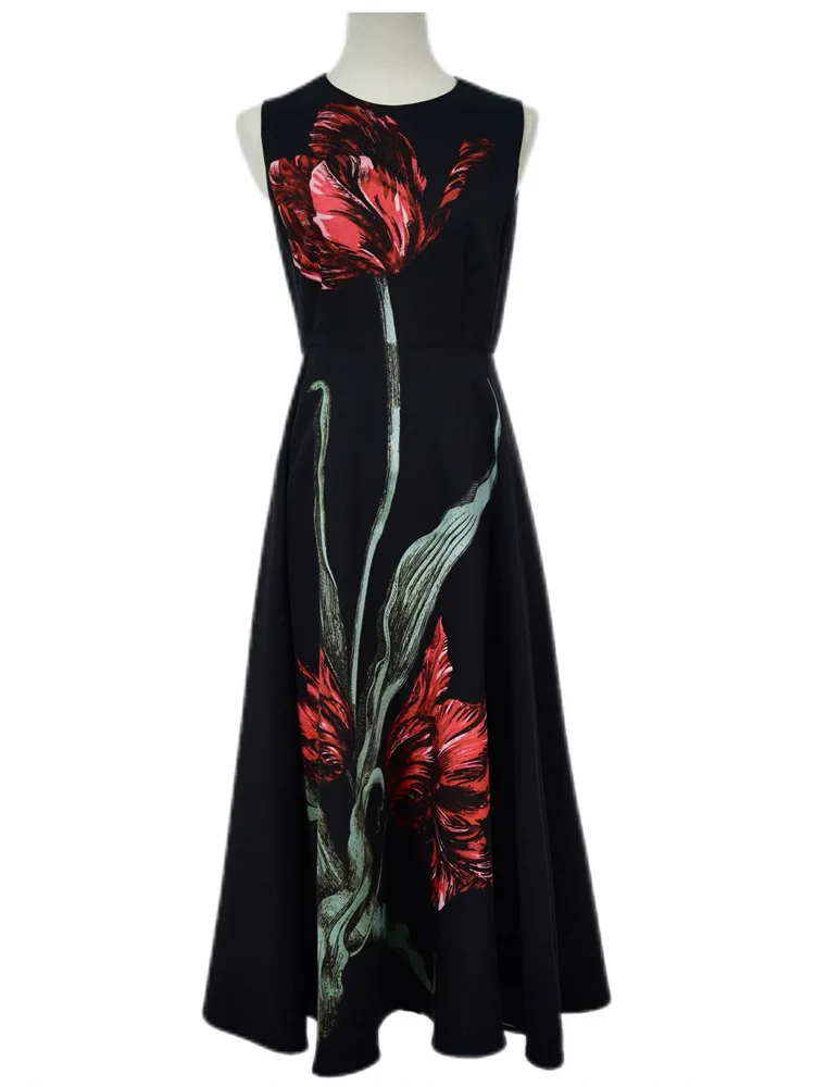 

Newest Fashion Long Dress 2025 Autumn Winter Party Evening Women Red Floral Green Leaves Print Sleeveless Long Black Dress Maxi