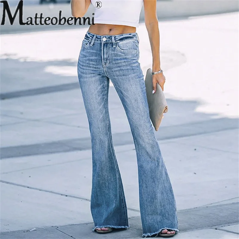 

Fashion Grind White Flared Jeans Women Mid-waist Button Splicing Stretch Denim Pants Ladies Casual Commuter Trousers Streetwear