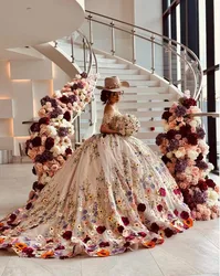 Champagne Princess Mexican Charro Quinceanera Dresses Off Shoulder 3D Floral Applique Corset vestidos de 15 quinceañera 2025