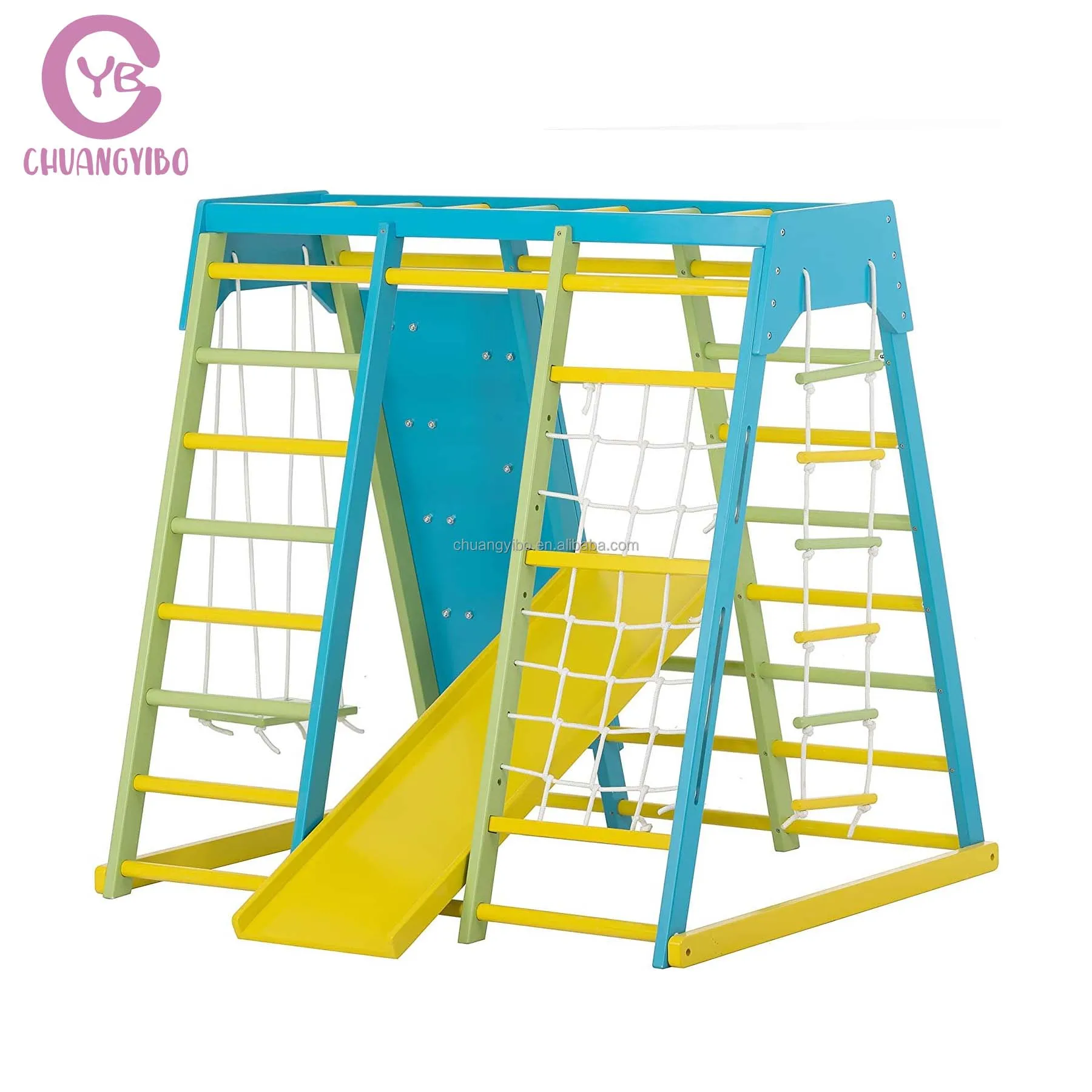 Indoor Playground 7-in-1 Jungle Gym Play Set for Kids Slide, Climbing Wall, Rope Wall Climber Swing Waldorf Style Climb Set