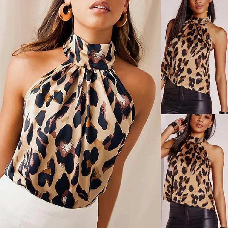 Zomer Vrouwen Blouse Shirt 2024 Sexy Luipaard Print Dames Tops Halter Blouses Casual Dames Mouwloze Dames Tops En Blouses