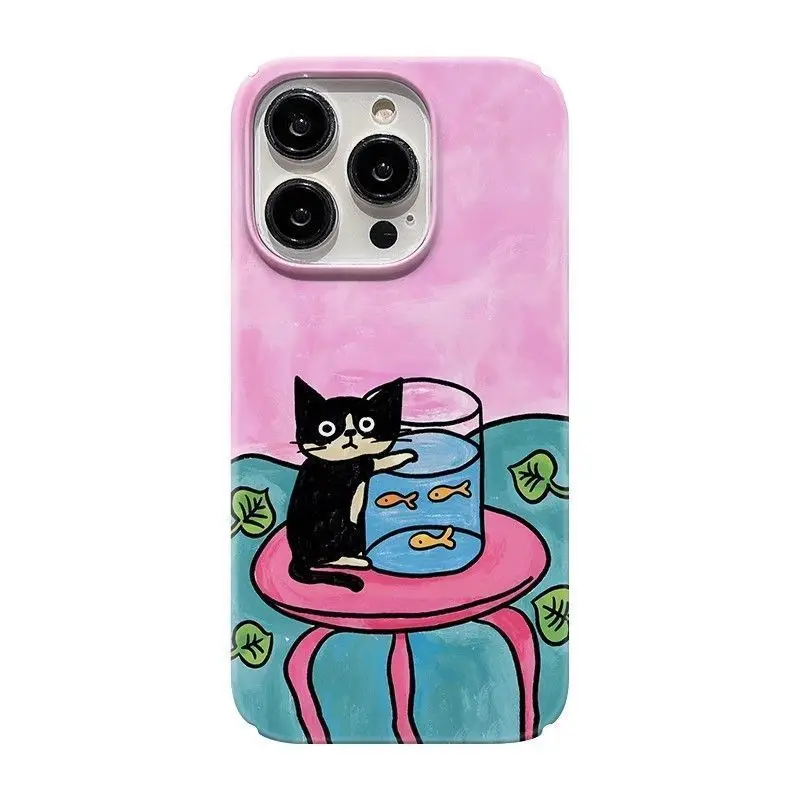 Coque de téléphone à motif de chat en smoking de dessin animé mignon et peinture à l'huile de poisson rouge pour iPhone 17 16 15 14 13 Pro Max 12 11