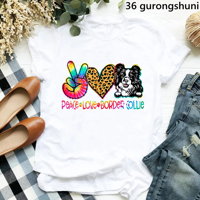 Peace Love Border Collie/Cockerspaniel/Shih Tzu/Bernese /Pyrenees Print Tshirt Women Funny Rainbow Leopard T Shirt Girls T-Shirt