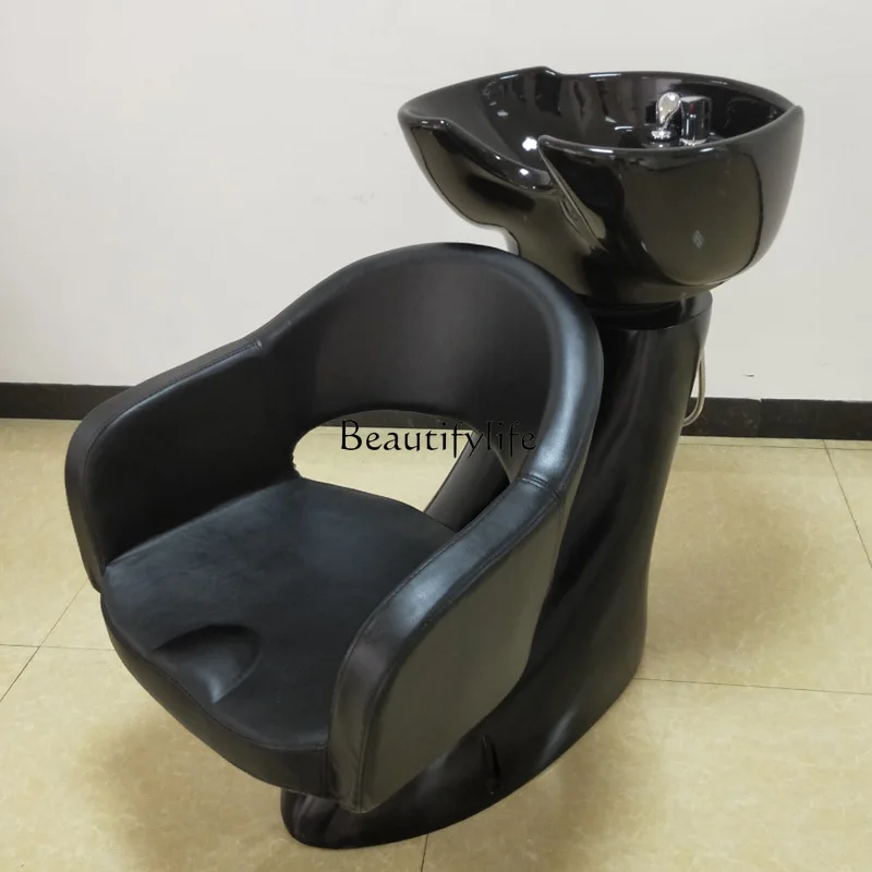 Simple Barber Shop Half Lying Shampoo Chair FRP Flushing Ceramic Basin Shampoo Chair