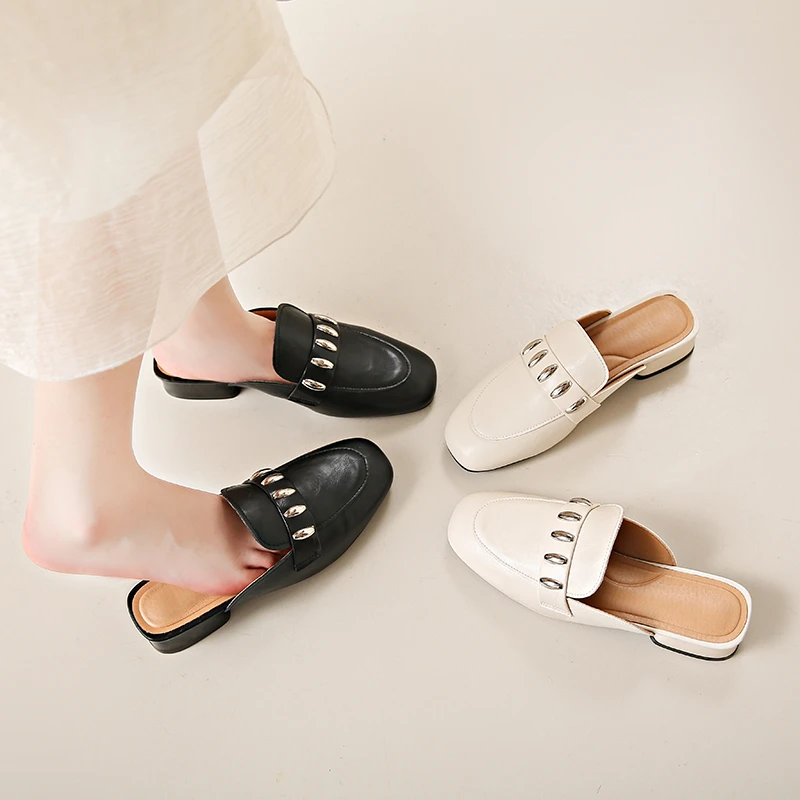 

Новинка 2023 года, женская летняя уличная одежда, полутапочки, туфли на толстом каблуке, металлические украшения, однотонная резиновая подошва